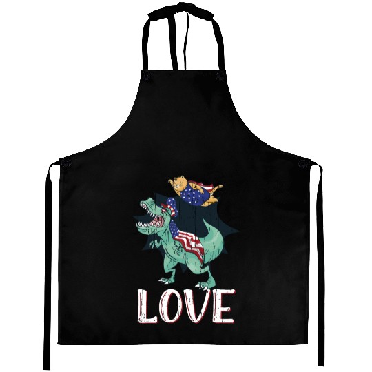 Love America Cat Dinosaur USA Flag 4th Of July Aprons