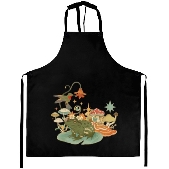 Cottagecore with frog, mushrooms and hummingbird Aprons