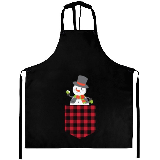 Christmas Cute Snowman In Buffalo Plaid Pocket Aprons