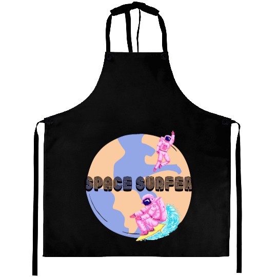 Space Surfer Two Astronauts and Planet Earth Aprons