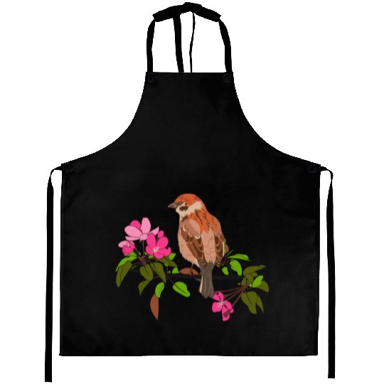 Sparrow on a branch pink flowers of an apple tree Aprons