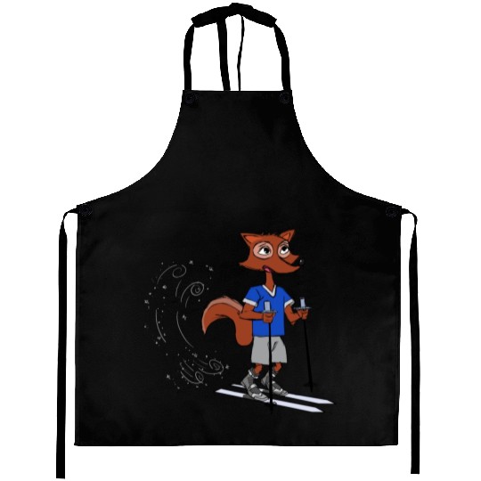 Winter fox goes skiing with polls and boots blue Aprons