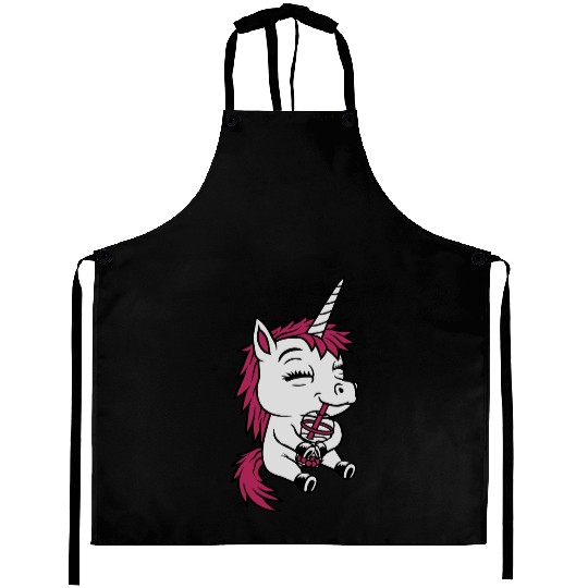 Boba tea drinking unicorn Aprons