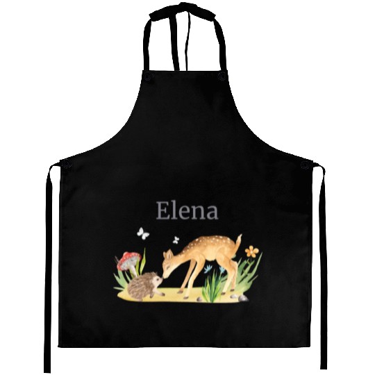 Forest Animal Deer Hedgehog Flowers Name Elena Aprons