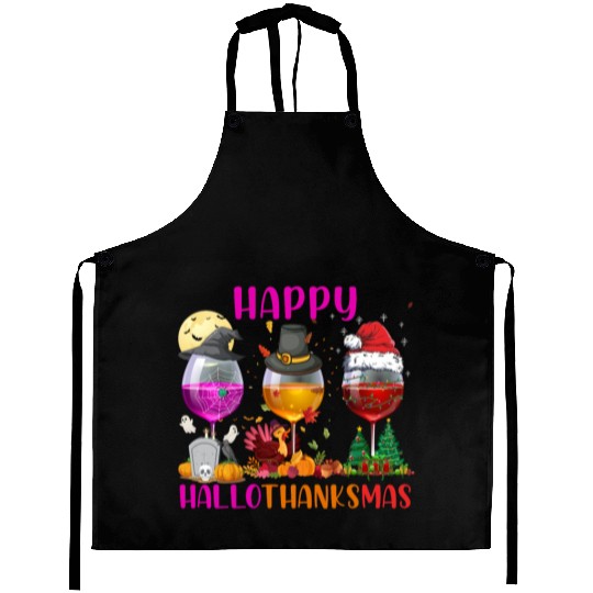 Happy Hallothanksmas Wine Lover Halloween Thankful Aprons