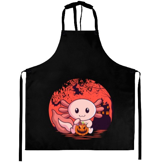Candy Eating Axolotl Pumpkin Halloween Aprons