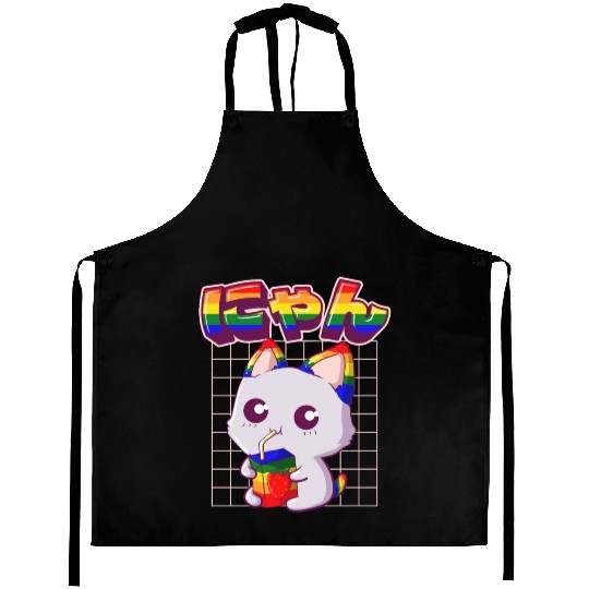 Gay Pride Kawaii Cat Strawberry Milk Rainbow Flag Aprons