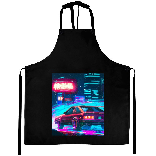 Vaporwave Car Synthwave City Aprons