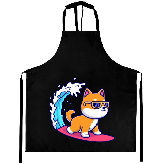 Cute Shiba Inu Dog Surfing in Sea Aprons