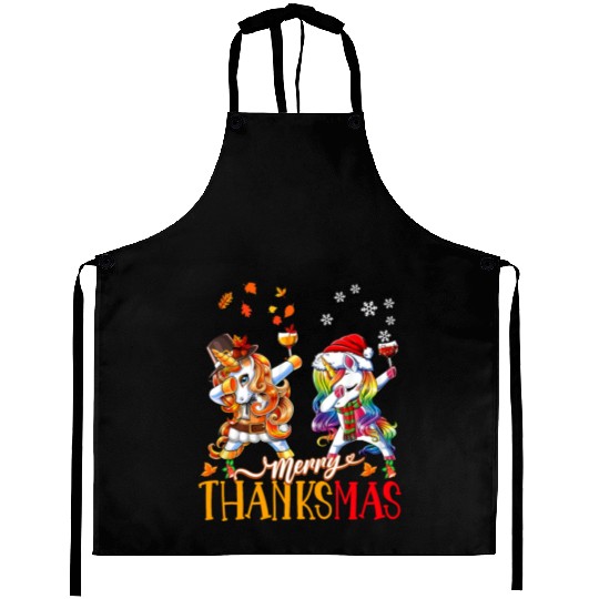 Merry Thanksmas funny unicorn Thanksgiving xmas Aprons