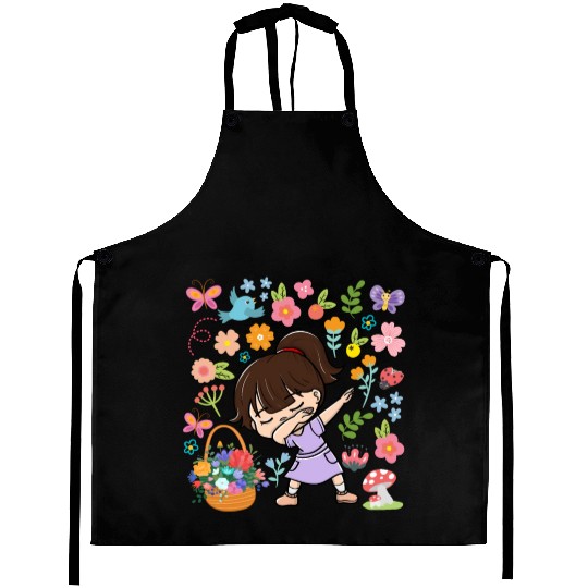 Dabbing Girl Hippie Flower Bouquet Basket Spring Aprons
