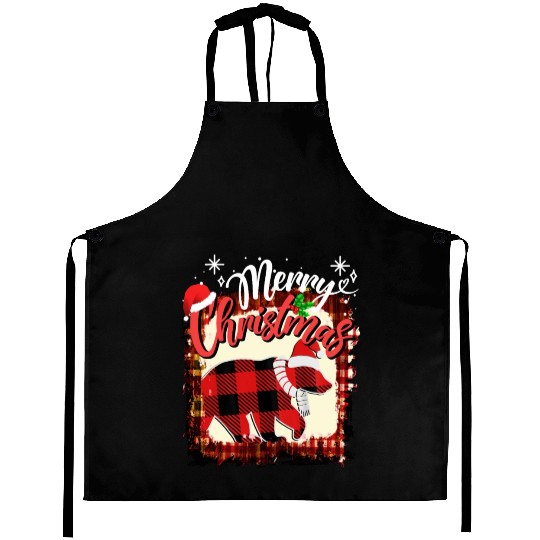 Merry Christmas Vintage Black Buffalo Plaid bear Aprons