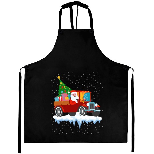 Red jeep pine tree Funny Merry Christmas family Aprons