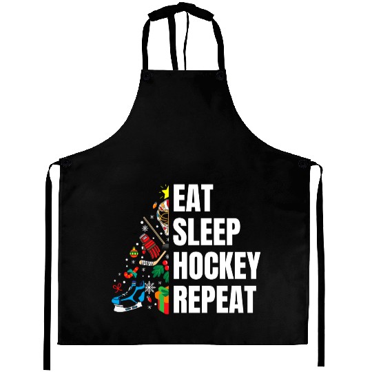 Eat Sleep hockey Repeat Christmas tree Aprons