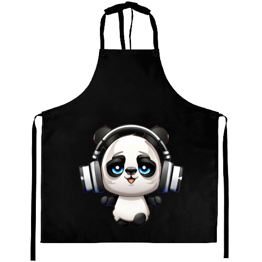 Cute Music Loving Panda Cartoon Aprons