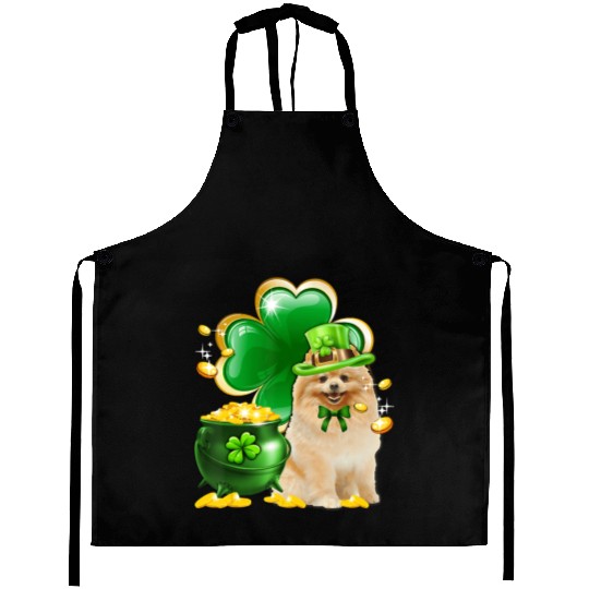 Pomeranian Dog Shamrock St Patricks Day Aprons