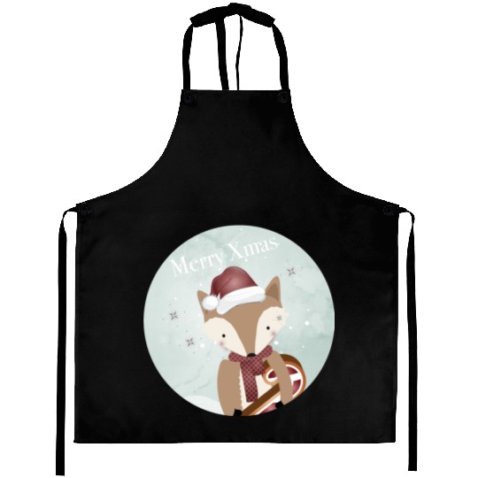 cute fox for Christmas with candy cane Aprons