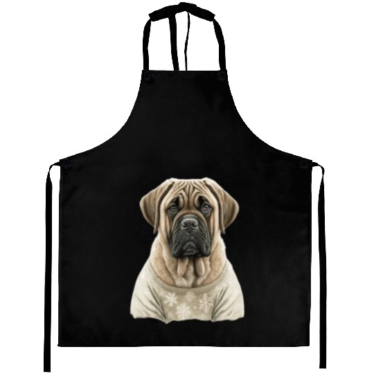 Festive English Mastiff in a Christmas Sweater Aprons