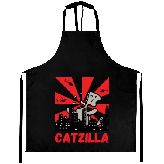 Catzilla funny cat Japanese Sunset Aprons