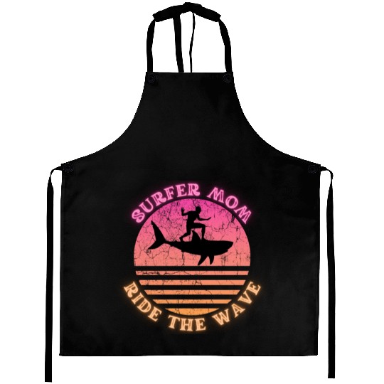 Surfer Mom Ride the Wave Shark Sunset Neon Aprons