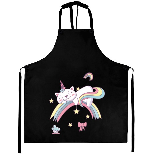 Unicorn Kawaii Cat Cartoon Over Rainbow Aprons