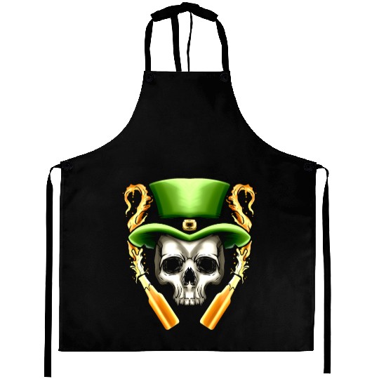 Skull With Leprechauns Hat And Beer Party St Aprons