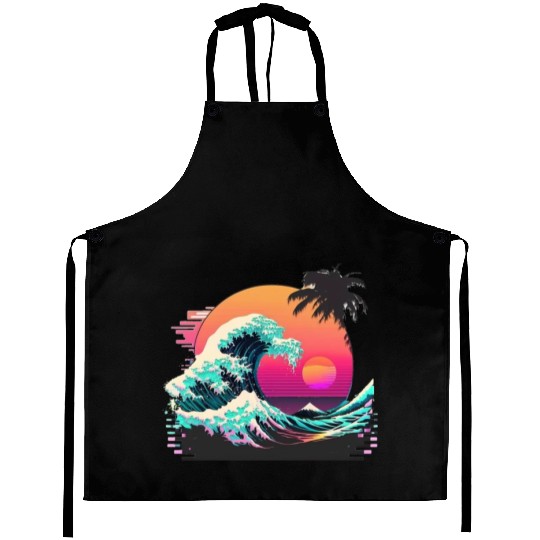 Vaperwave Aesthetic Glitch Great Wave Retrowave Sy Aprons