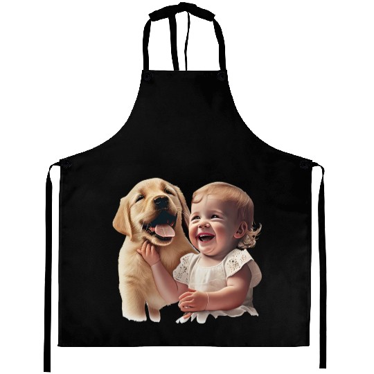 Sweet baby smiling with lovely puppy Aprons