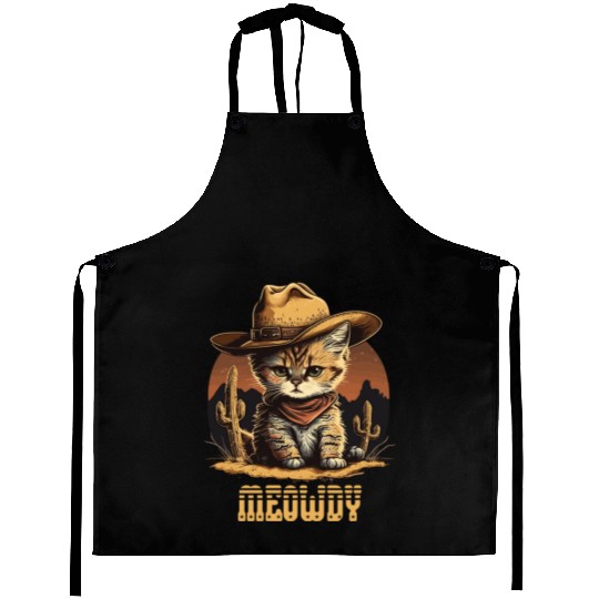 Meowdy - Funny Mashup Between Meow and Howdy - Cat Aprons