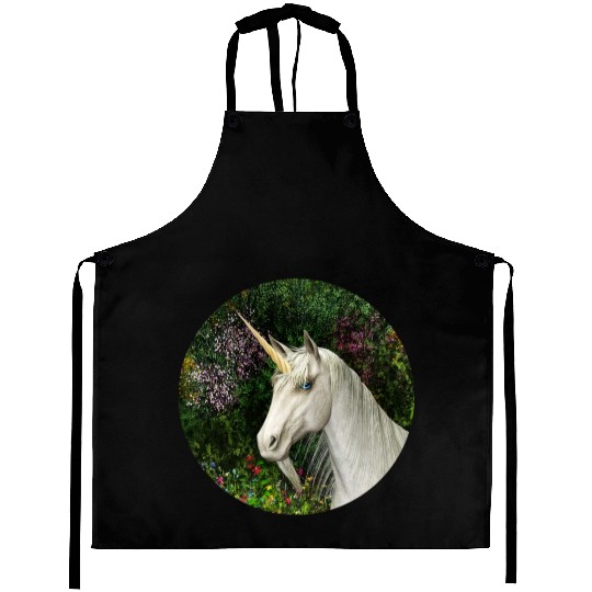 Magical Unicorn Surrounded by Wildflowers Aprons
