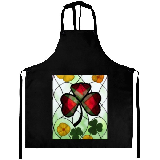 Red plaid Shamrock with Yellow Poppies (AI Art) Aprons