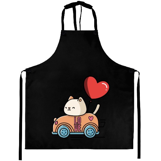 Cute cat in the love car, and love balloon Aprons