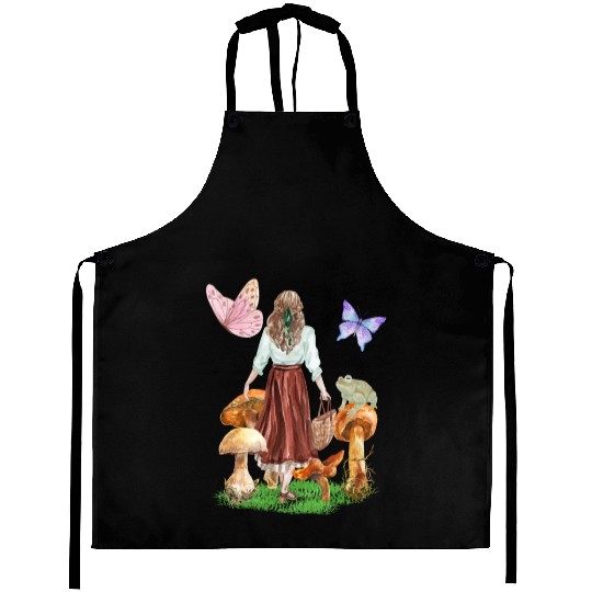 CottageCore girl mushrooms frog butterflies Aprons