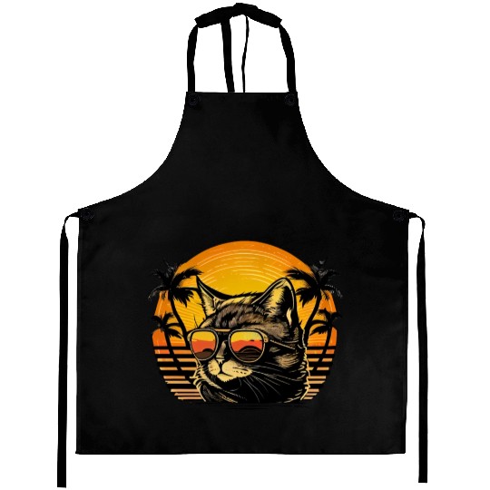 Retro Cat Vintage Sunset 80s 90s Sunglasses Party Aprons