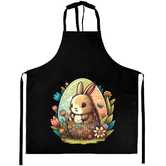 Easter magic: cheerful bunny next to colorful eggs Aprons
