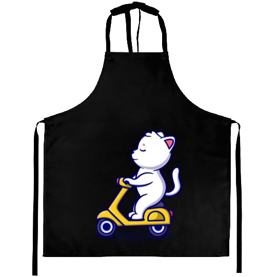 cute cat rid scooter cartoon icon illustration Aprons