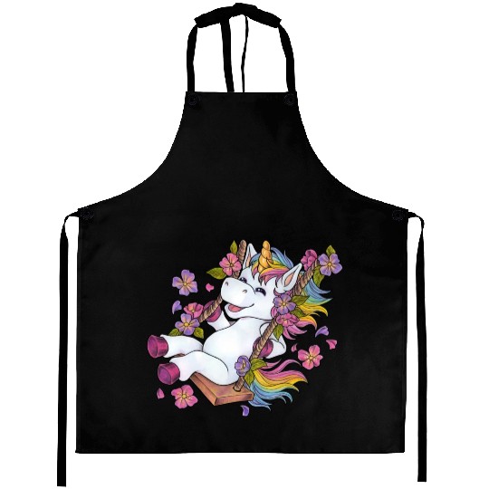 Cute unicorn on swing Flowers Spring gift children Aprons