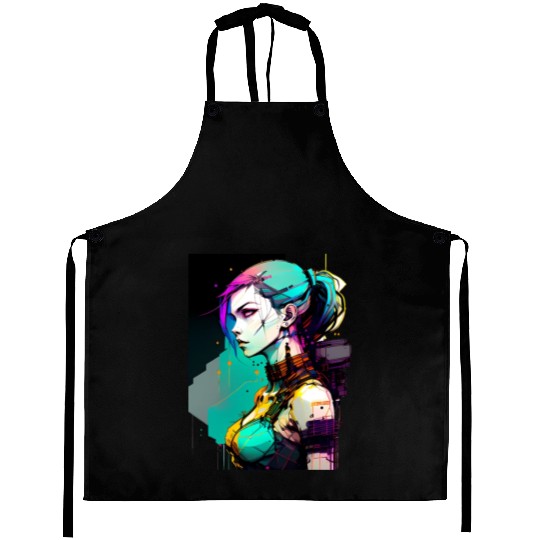 Bold and Beautiful Cyberpunk Girl with Teal Hair Aprons
