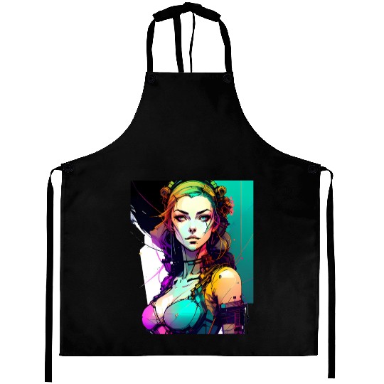 Technicolor Dreams Cyberpunk Girl in Vibrant Hues Aprons
