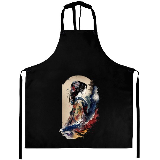 Geisha Watercolor Sea Waves Asian Art Woman Aprons