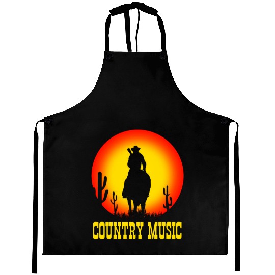 country music cowboy on horse with guitar - sunset Aprons