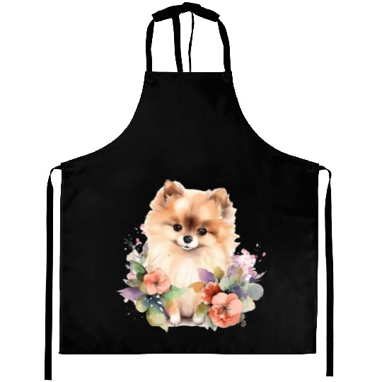 Pomeranian Dog Watercolor Floral Aprons