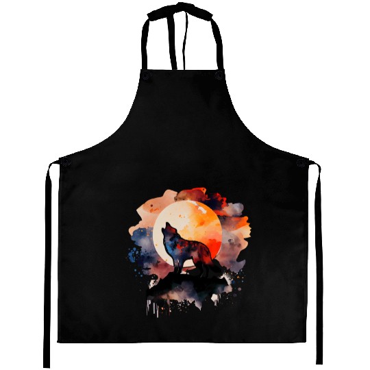 Wolf Howling at Moon Watercolor Aprons