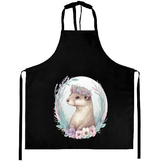 Cute Watercolor Otter Flower Crown Floral Boho Ani Aprons