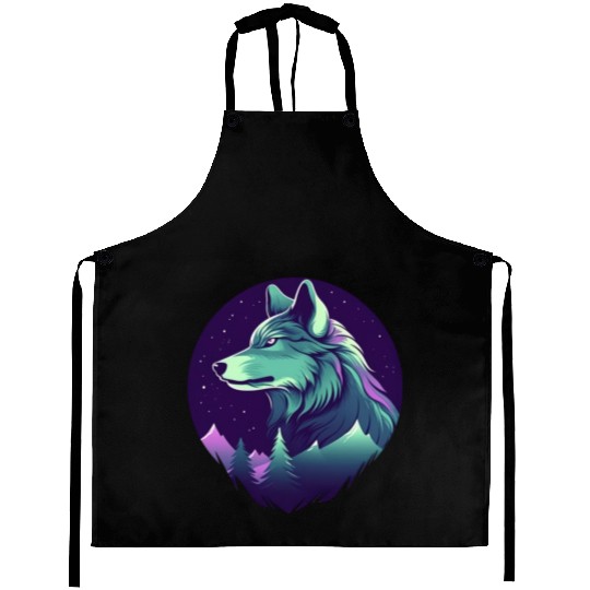 Starry Night Wolf With Northern Light Colors Aprons