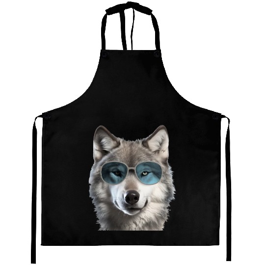 Grey Wolf Wearing Blue Sunglasses Wildlife Animal Aprons