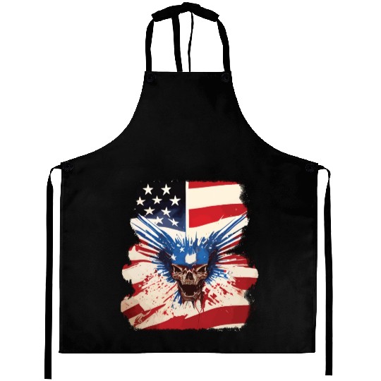 Angry Skull Bursting Through US Flag Aprons