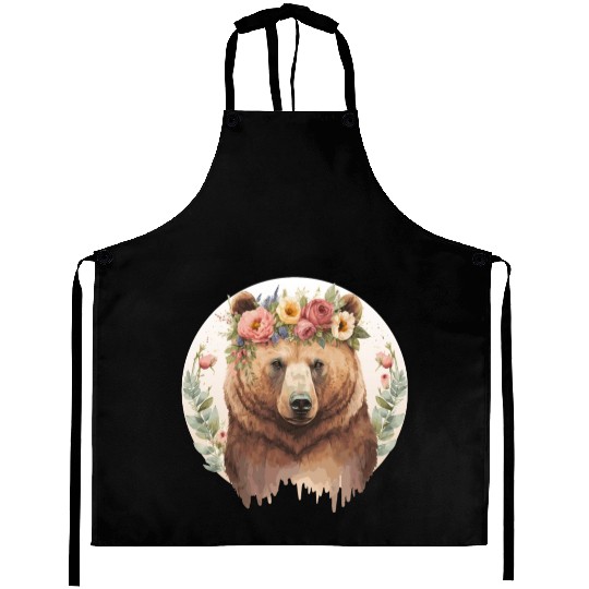 Cute Brown Bear Grizzly Flower Crown Animal Lovers Aprons