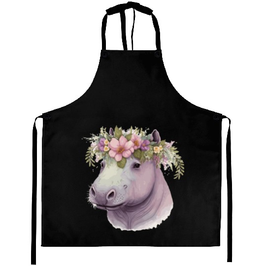 Watercolor Hippotamus Flower Crown Floral Pastel A Aprons