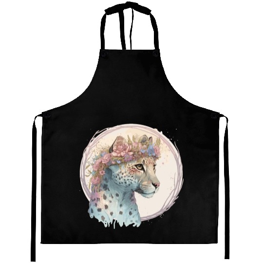Cute Cheetah Flower Crown Floral Watercolor Animal Aprons